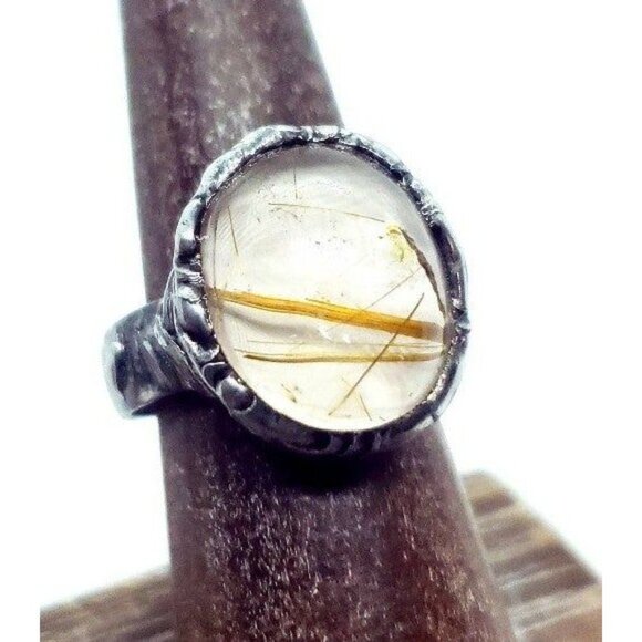 Gold rutilated quartz crystal Ring handmade - Picture 6 of 12